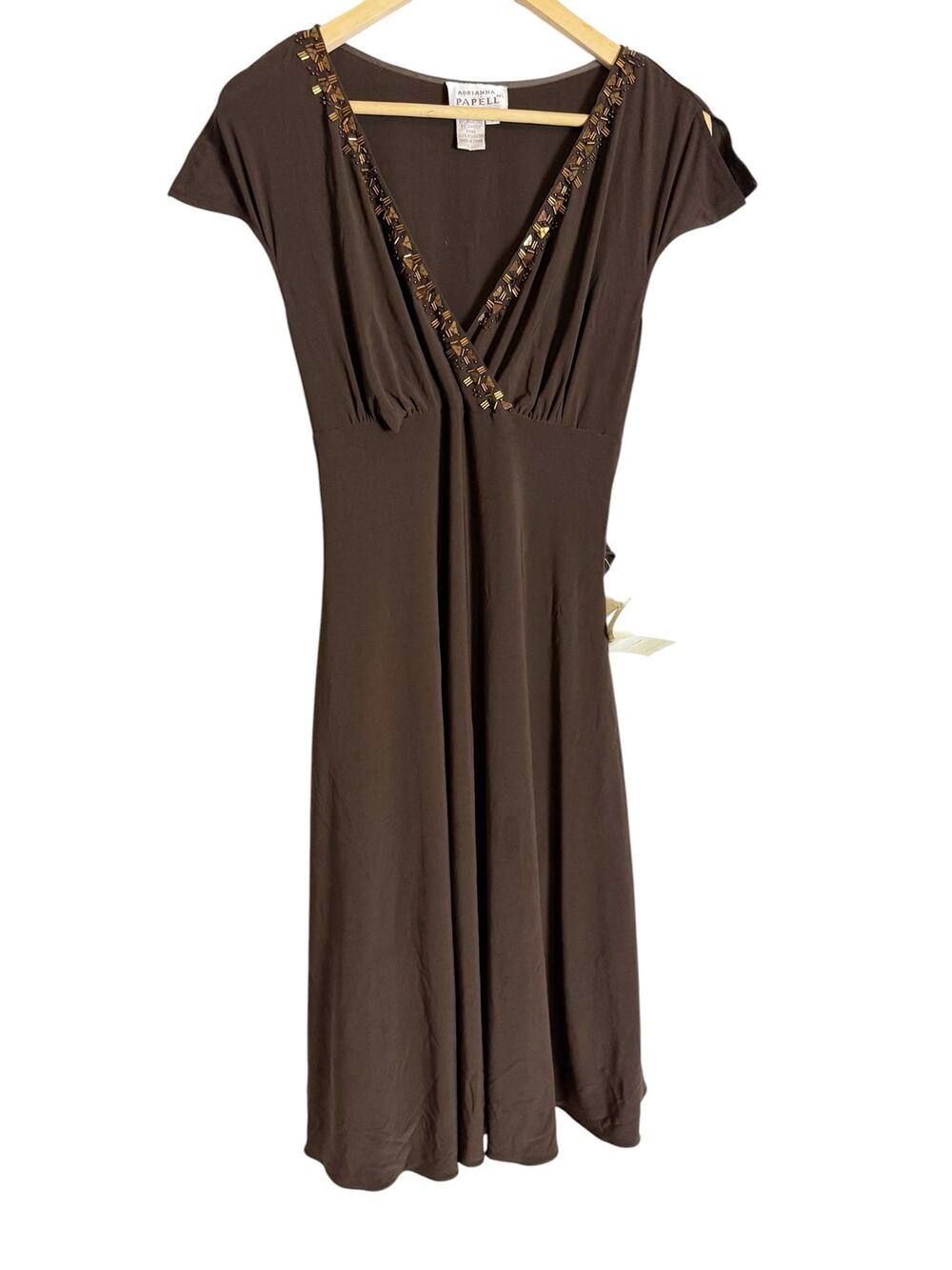 Adrianna Papell Chocolate Brown Beaded Surplice V-Neck Draped Back Dress Size 8